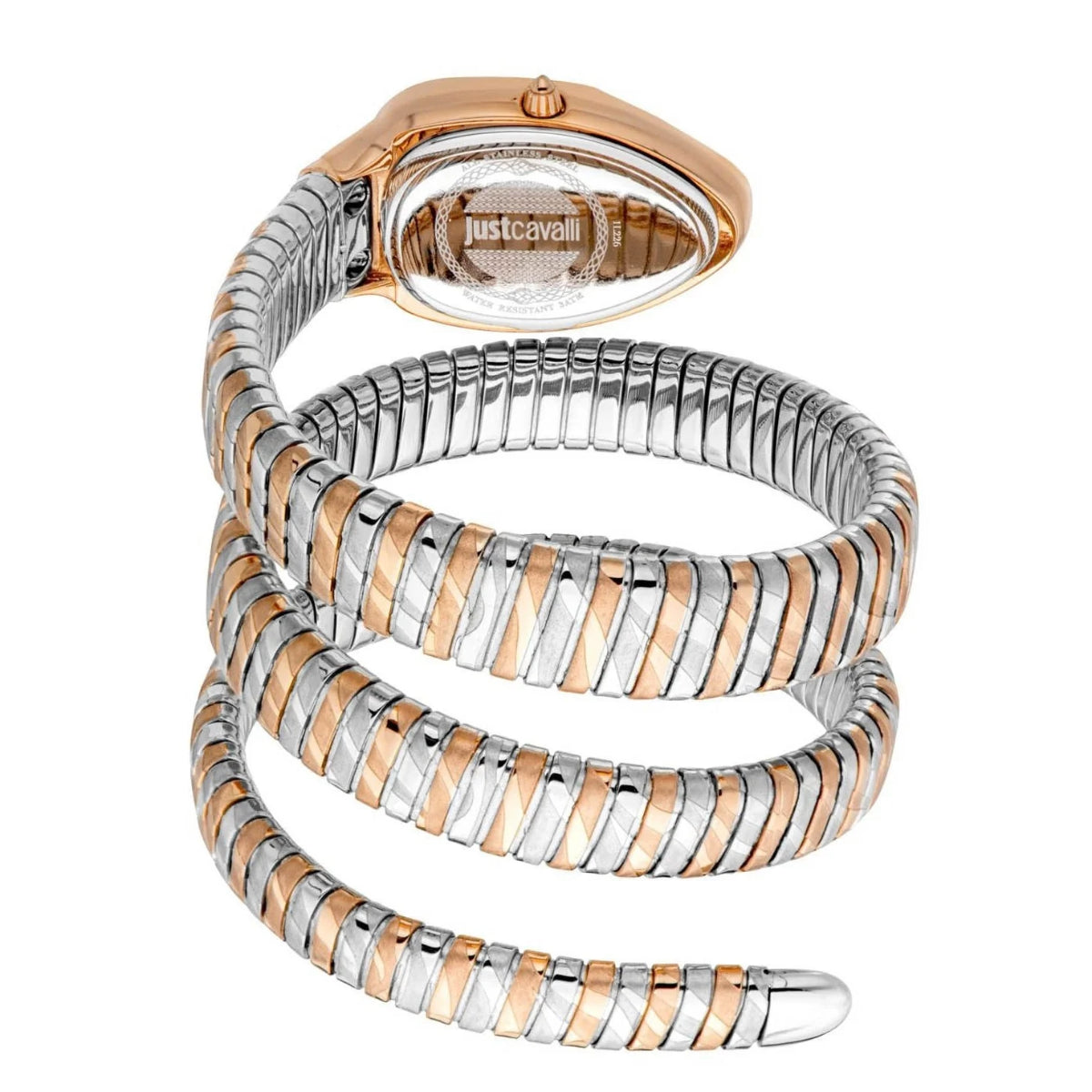 Two-toned watch with a snake-like design on a white background