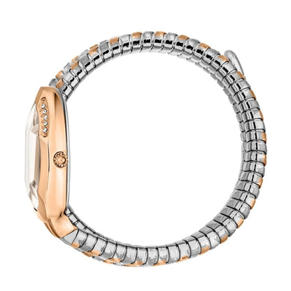 Two-tone silver and rose gold watch band on a white background