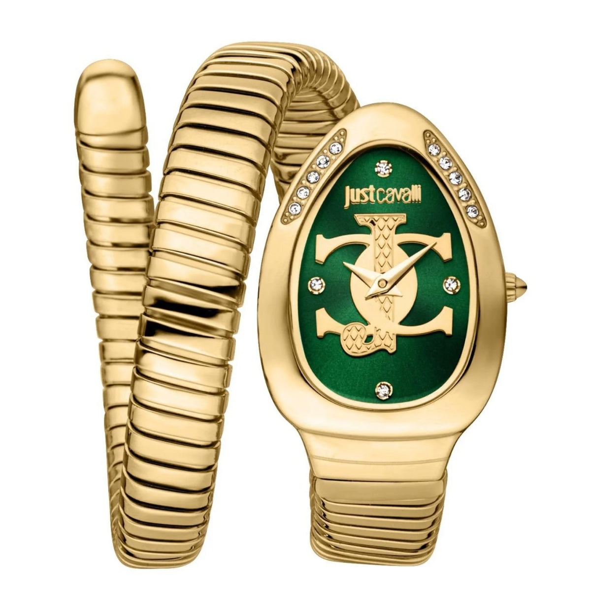 Gold watch with green face and Just Cavalli logo on a white background