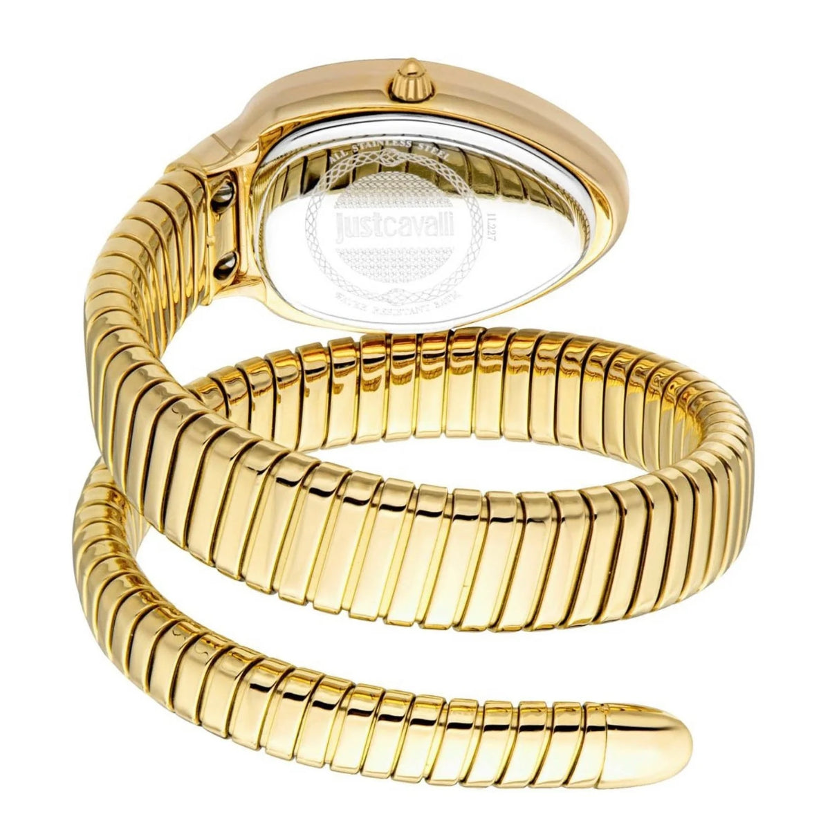Gold snake-shaped watch on a white background