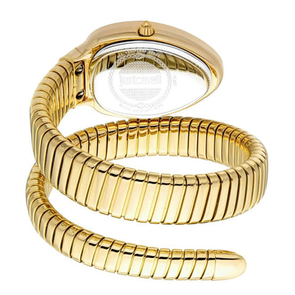 Gold snake-shaped watch on a white background