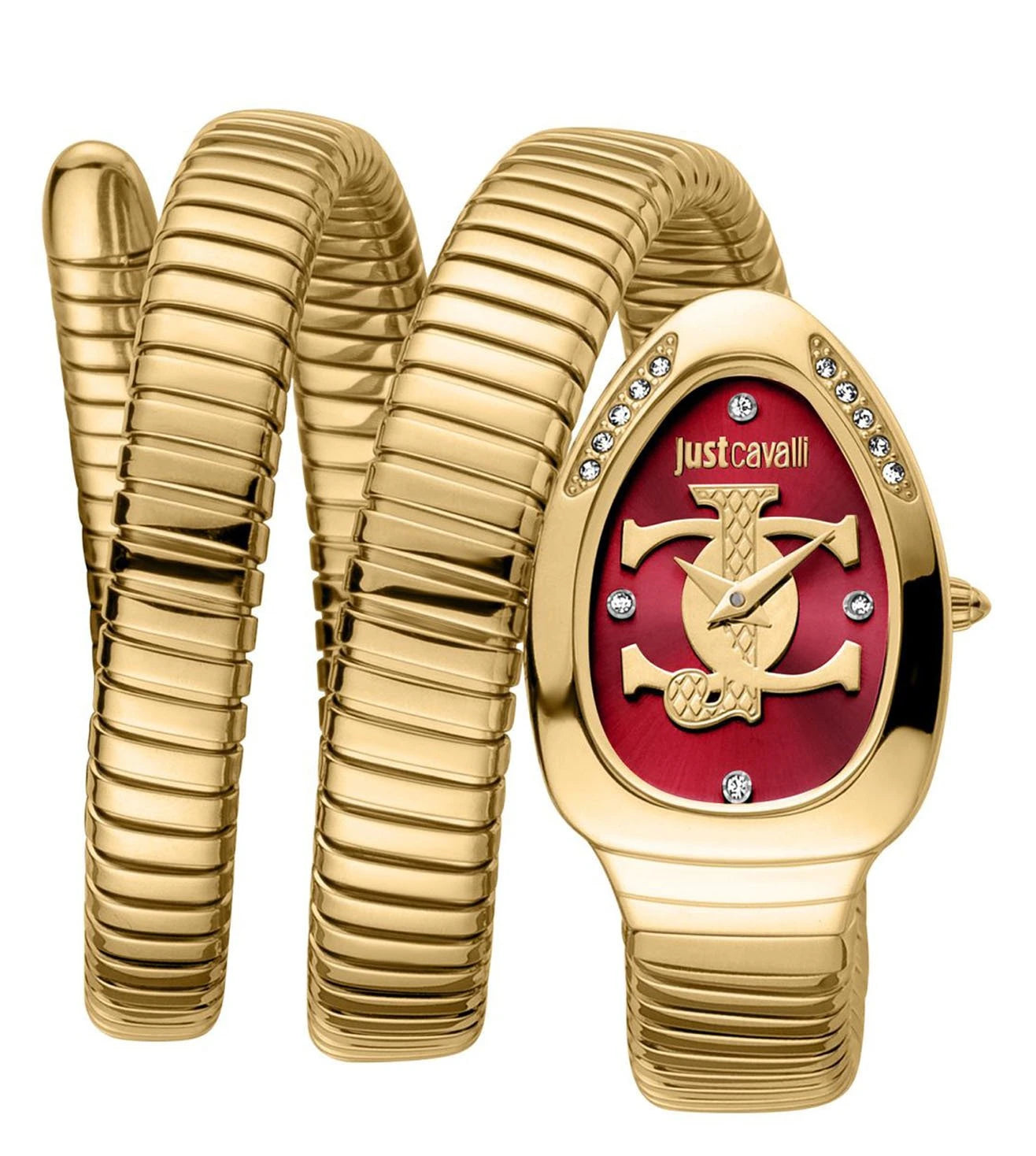 A gold-colored Just Cavalli analog watch with a red dial and a snake-shaped flexible strap.