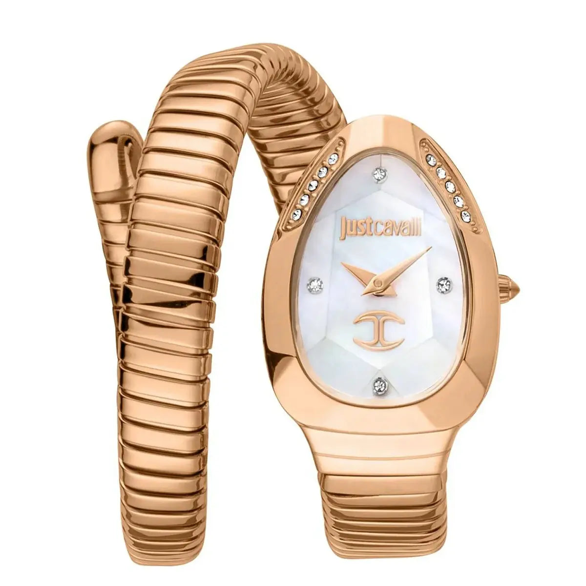 Rose gold watch with a decorative band on a white background
