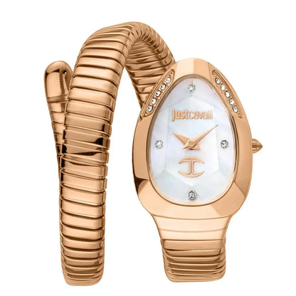 Rose gold watch with a decorative band on a white background
