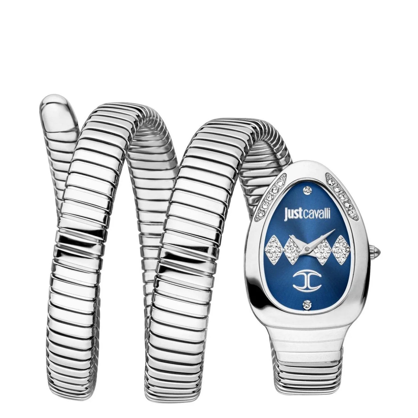 A Just Cavalli analog women's watch with a blue dial and a unique bracelet design.