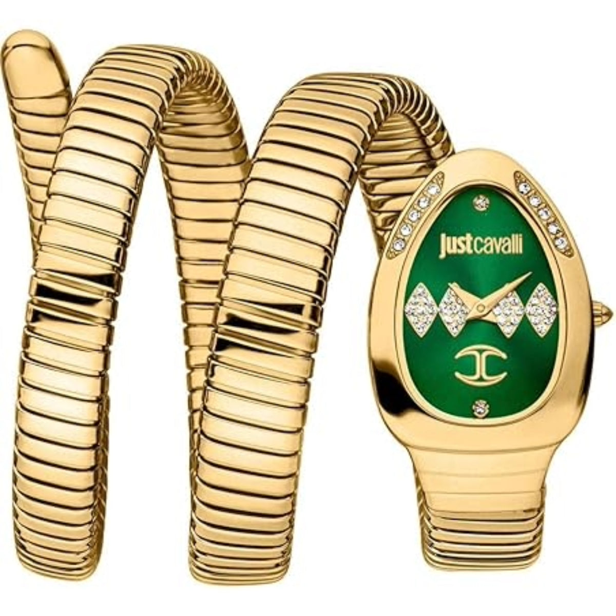 Gold snake-shaped bracelet and green watch with 'Just Cavalli' branding on a white background