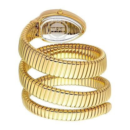 Gold snake-shaped watch on a white background