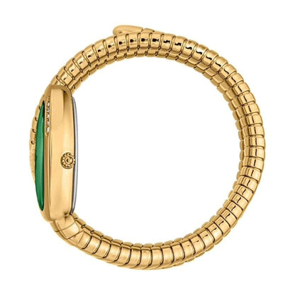 Gold bracelet with a green gemstone on a white background