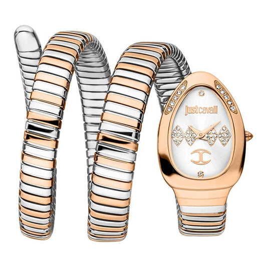 A gold-tone stainless steel Just Cavalli Vezzoso watch for women with a sleek design and a matching bracelet.