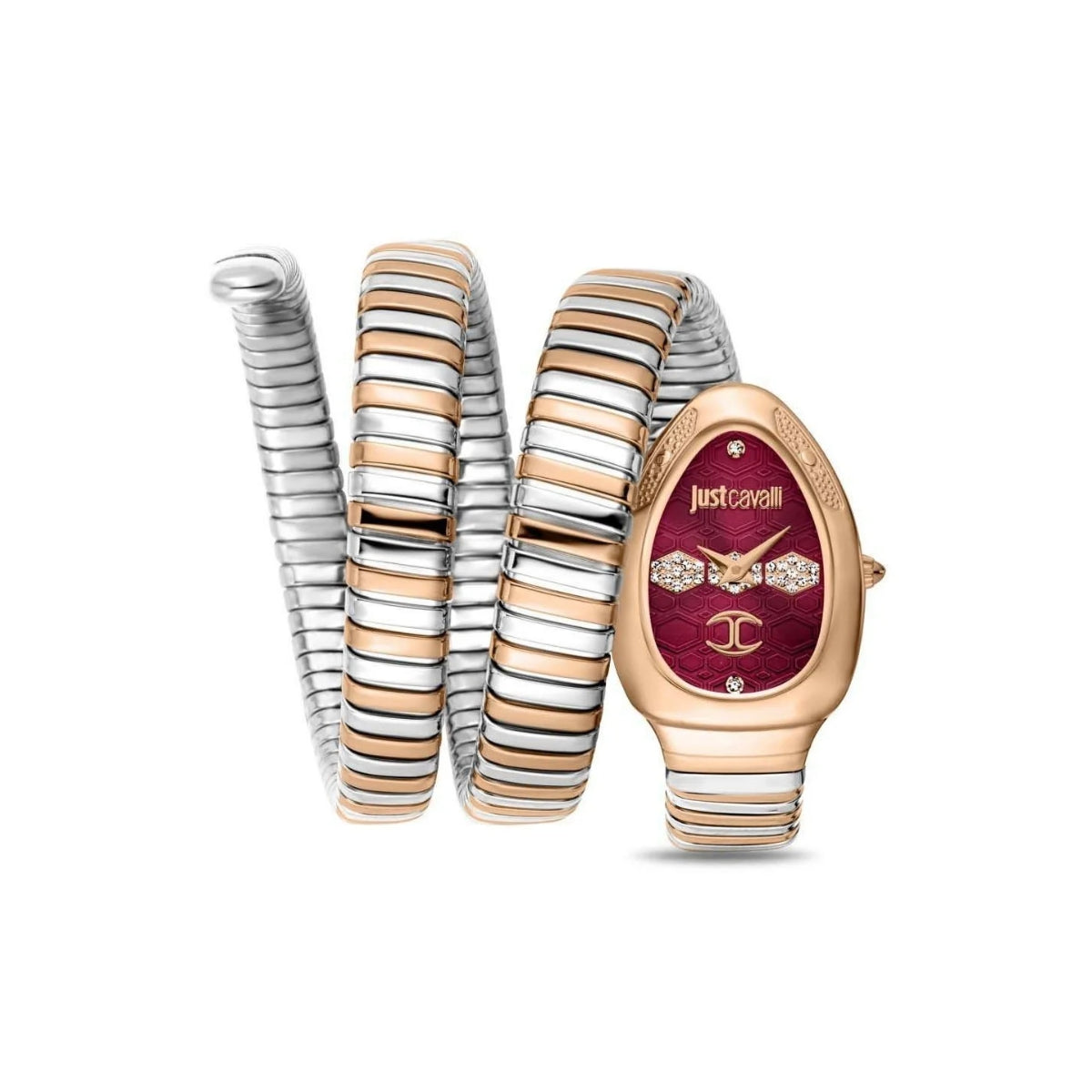 Just Cavalli watch with matching bangles on a white background