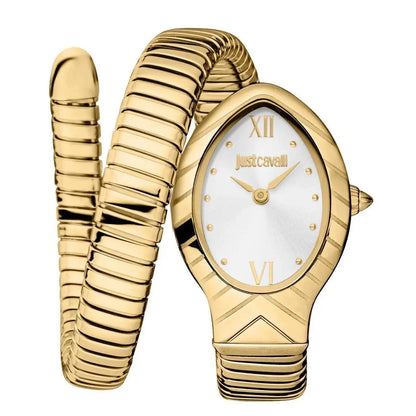 A gold-colored Just Cavalli analog watch with a signature bracelet pattern.
