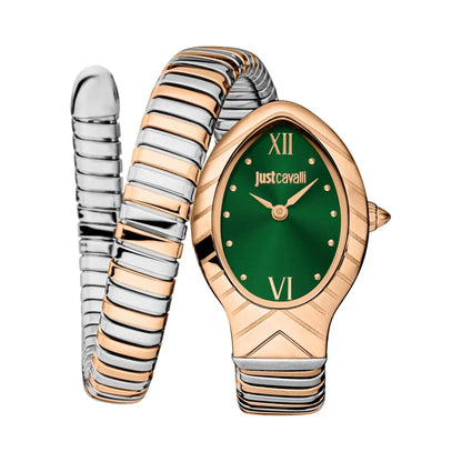 Two-tone watch with green face and 'just cavalli' branding on a white background