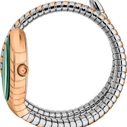 Luxury watch with rose gold and silver band on a white background