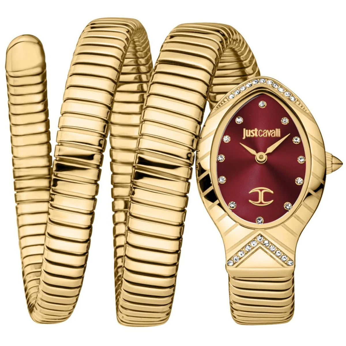 Gold watch and bracelet set with Just Cavalli branding on a white background
