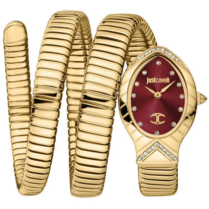 Gold watch and bracelet set with Just Cavalli branding on a white background