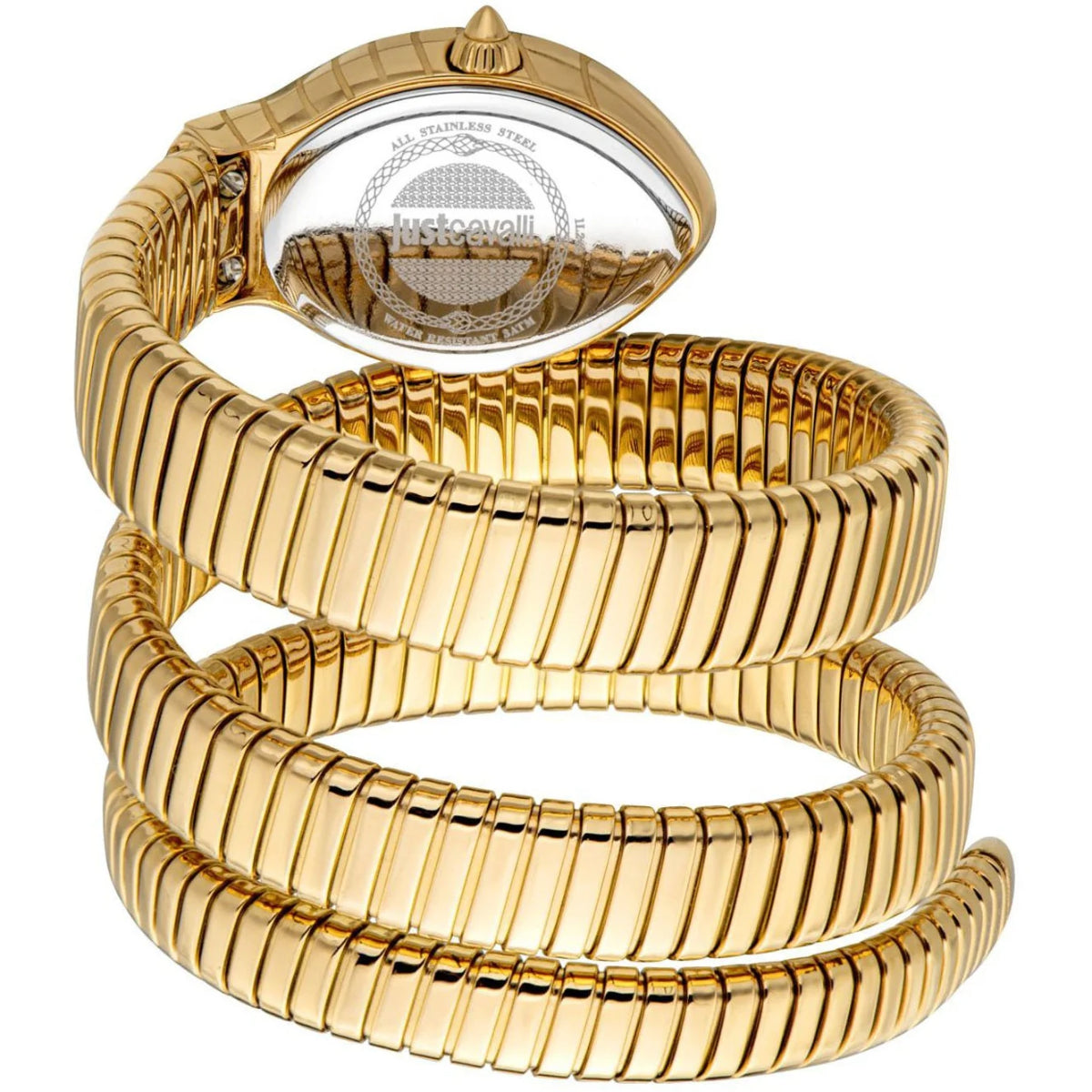 Gold snake-shaped bracelet on a white background