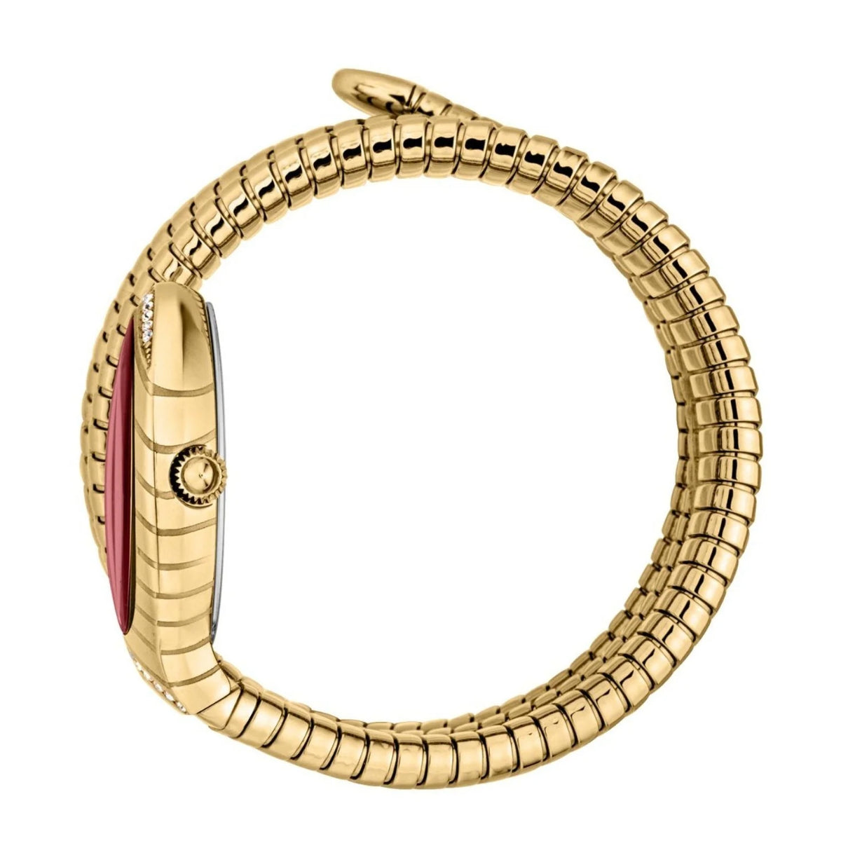 Gold watch with a red face on a white background