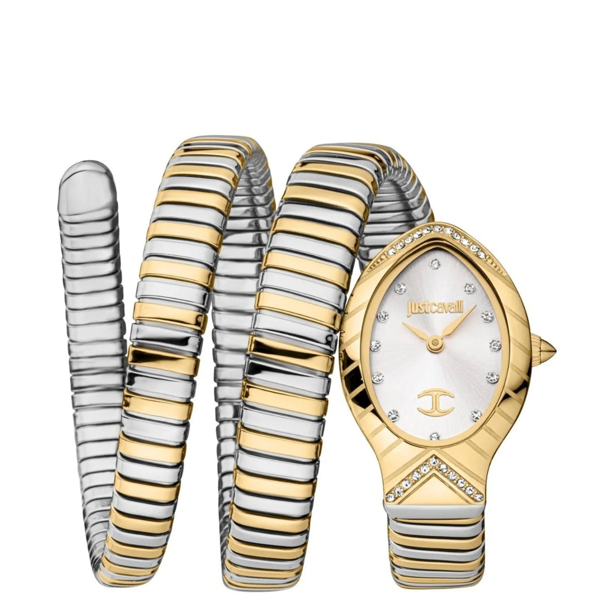 Gold and silver striped watch band with a gold watch featuring a visible brand logo on a white background.