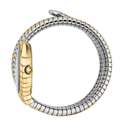 Two-tone watch with silver and gold band on a white background