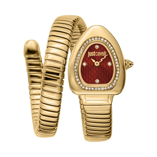 A Just Cavalli red dial analog watch with a gold-colored snake-shaped bracelet and a red textured dial.