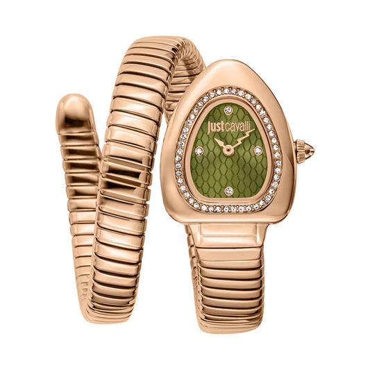 Rose gold watch with green face and 'Just Cavalli' branding on a white background