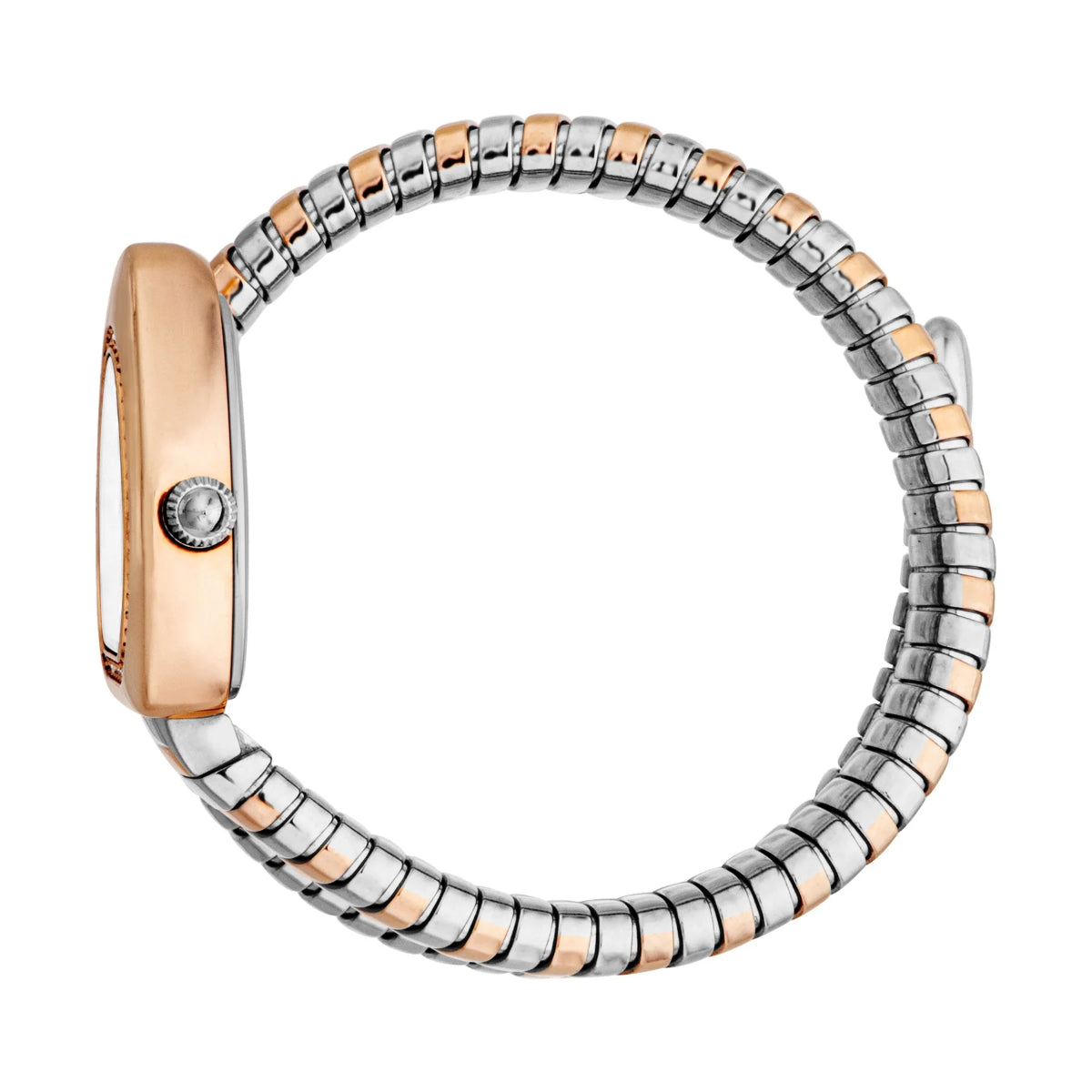 Two-tone watch with rose gold and silver band on a white background