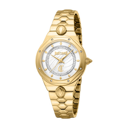 A gold-colored analog watch with a silver dial from the Just Cavalli Stilo collection, featuring a stainless steel strap and a round case.