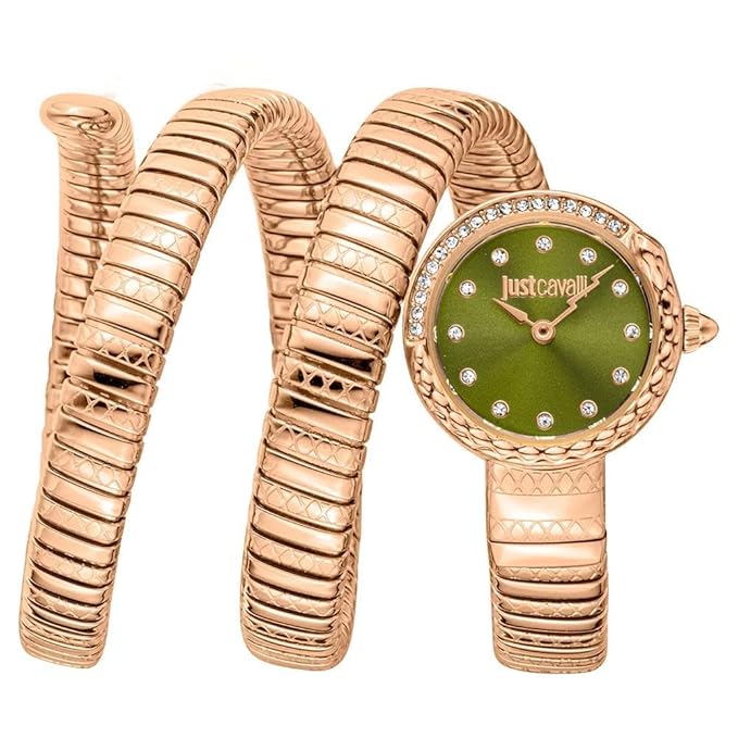 A Just Cavalli gold-colored analog watch with a green dial and a spiral band design.