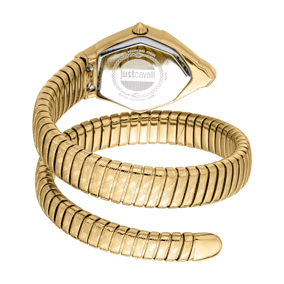 Gold watch with a textured band on a white background, featuring the Just Cavalli brand.