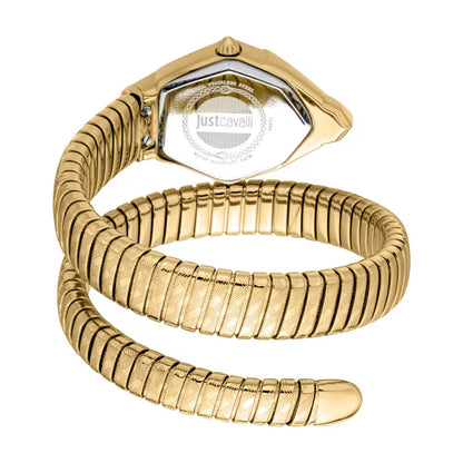 Gold watch with a textured band on a white background, featuring the Just Cavalli brand.