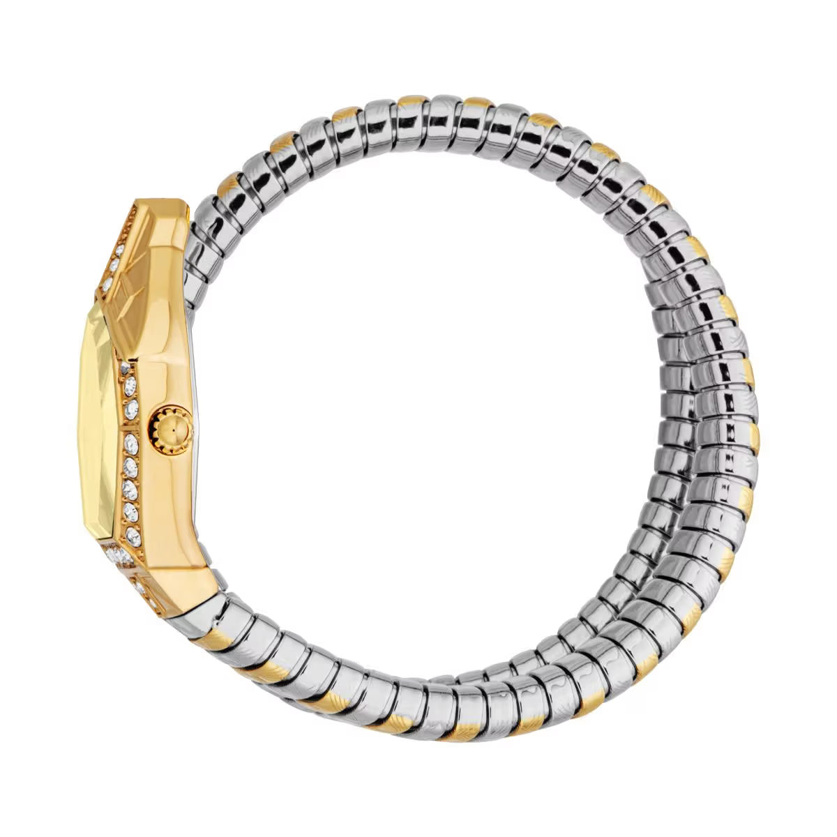 Gold and silver watch with a unique design on a white background