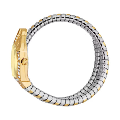 Gold and silver watch with a unique design on a white background