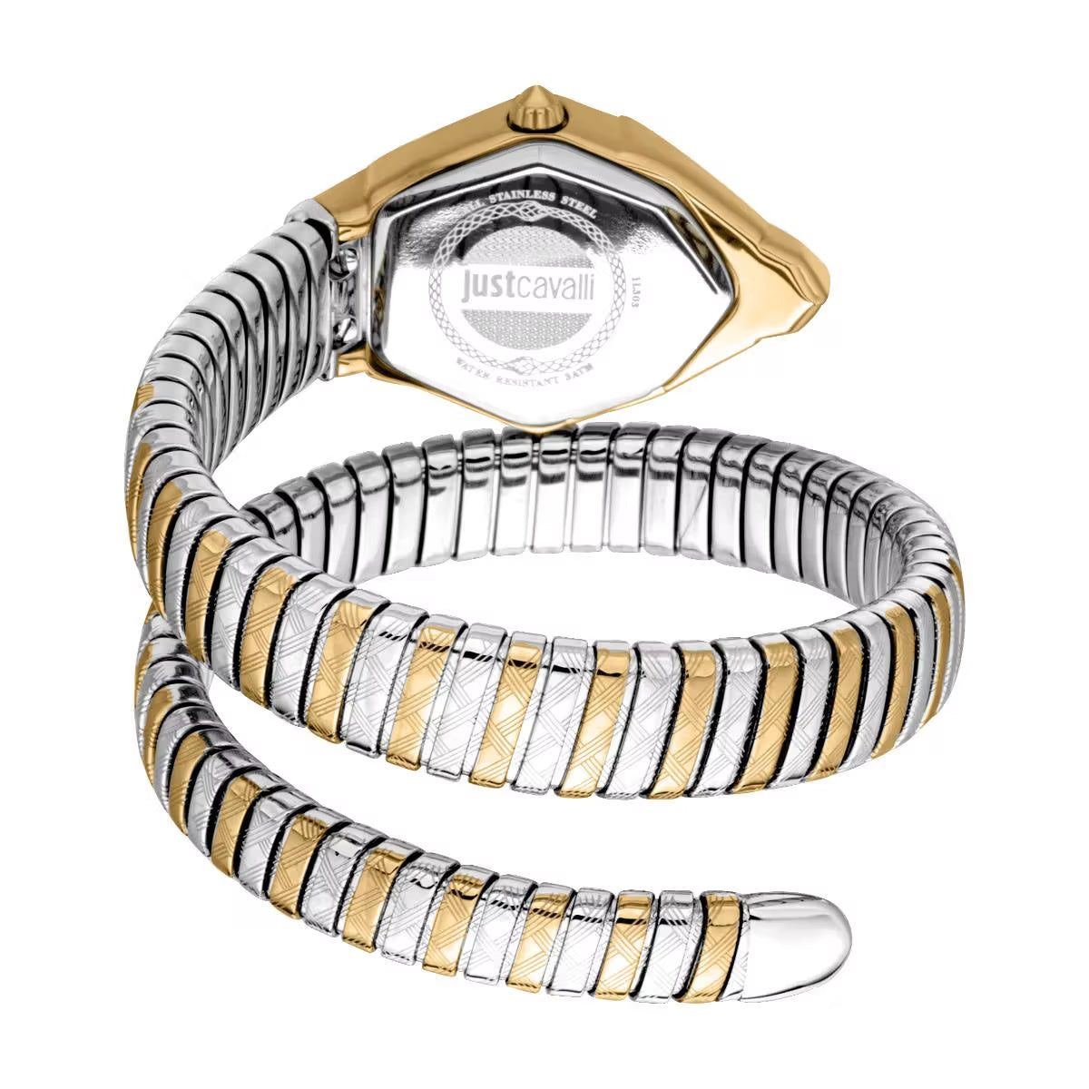 Two-tone watch with gold and silver band on a white background