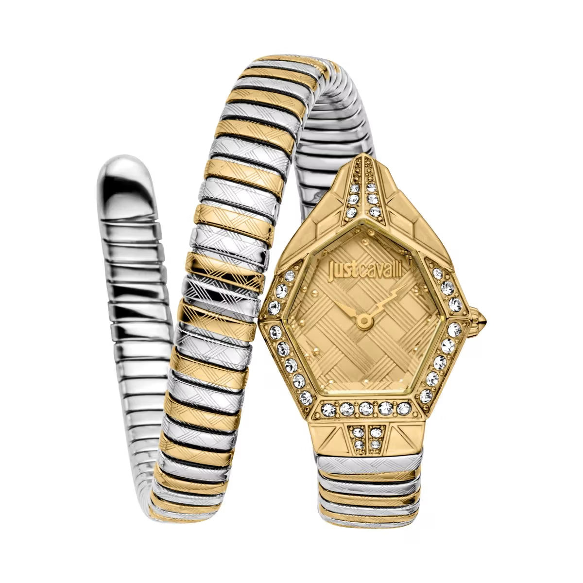 Gold and silver watch with geometric design on a white background