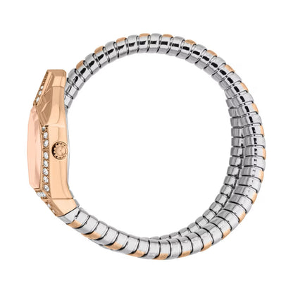 Silver and rose gold watch with a snake-like band on a white background