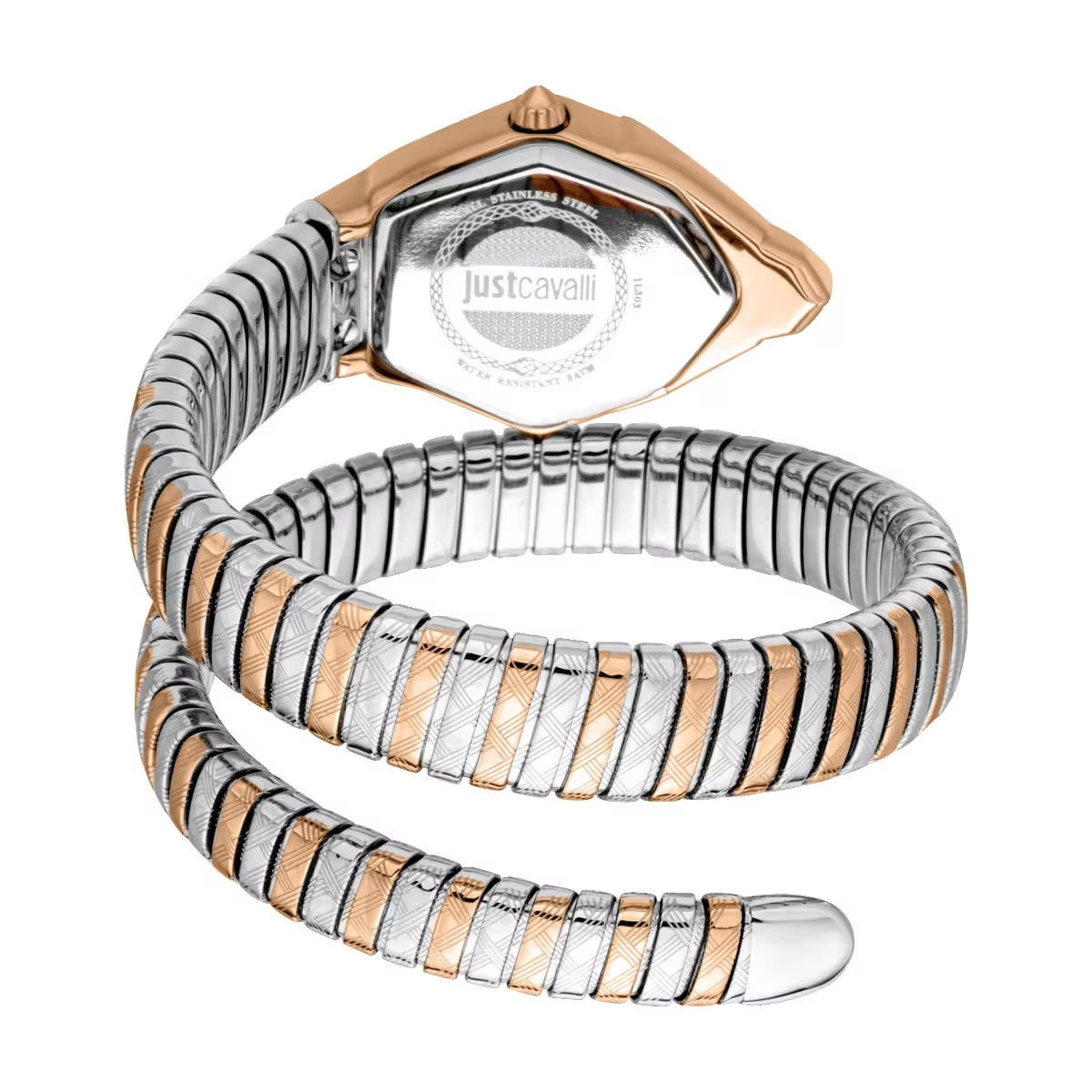 Silver and rose gold watch with Just Cavalli branding on a white background