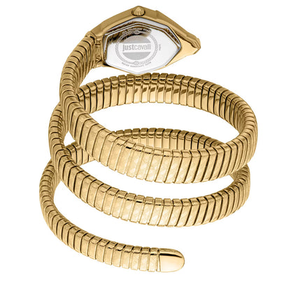 Gold snake-shaped watch on a white background