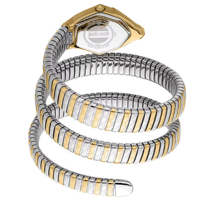 Two-tone watch with gold and silver band on a white background