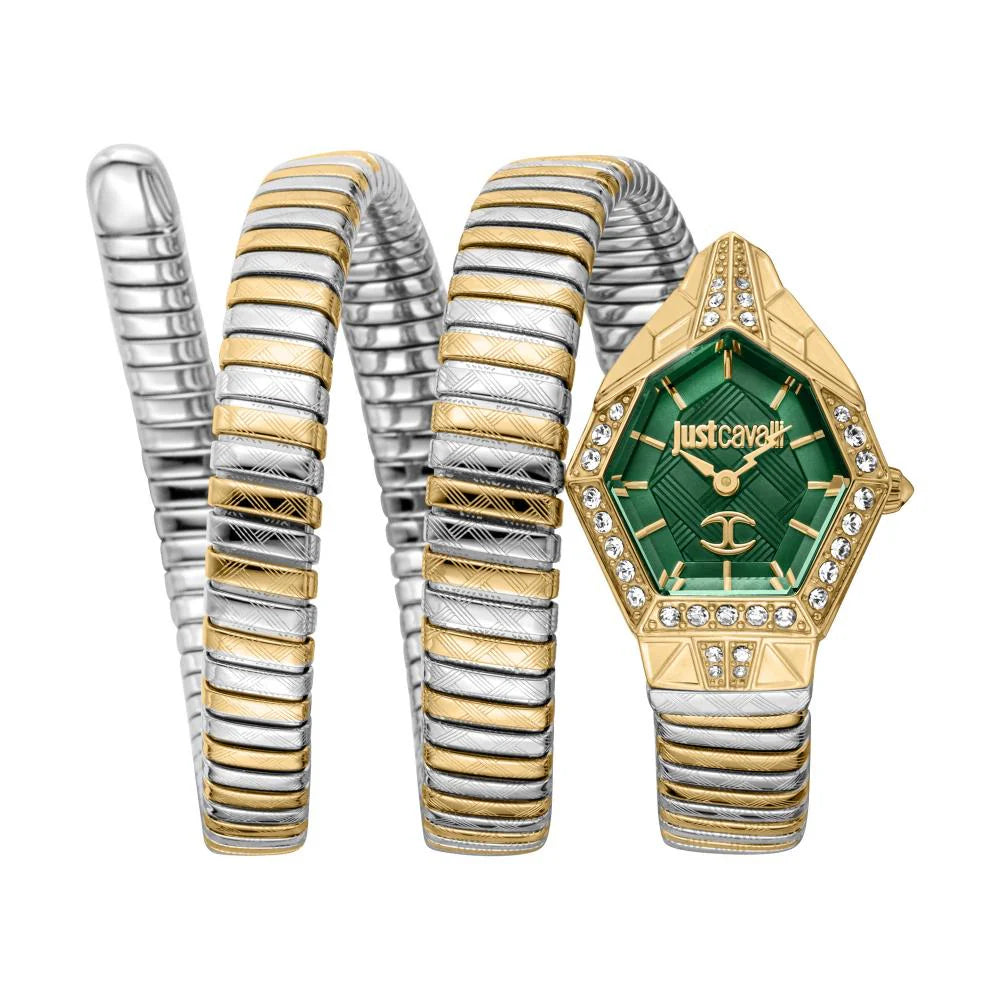 A Just Cavalli analog watch for women with a green dial, gold case, and silver interchangeable bracelet.