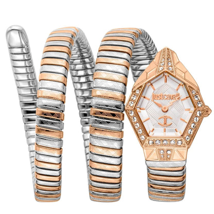 Luxury watch with intricate design and two-tone strap on a white background