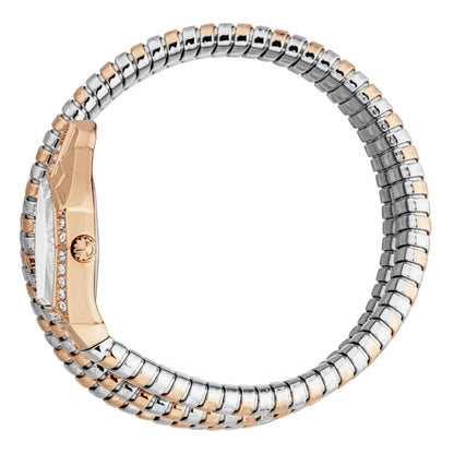 Two-tone bracelet with silver and rose gold elements on a white background
