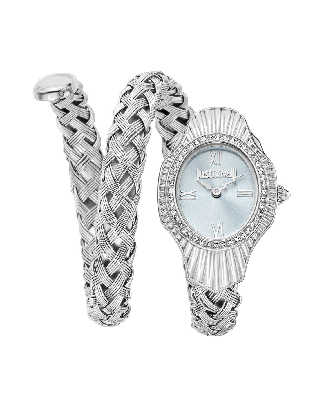 A Just Cavalli blue dial analog watch with a twisted snake design bracelet in silver color.