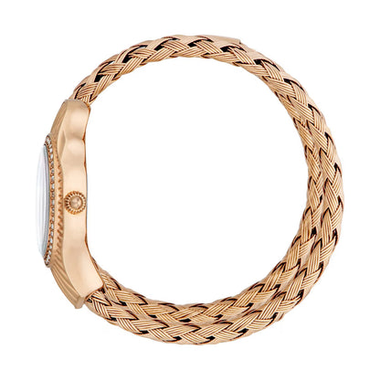 Rose gold braided bracelet on a white background