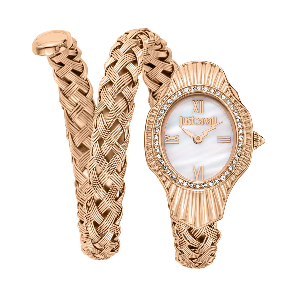 Rose gold braided watch and bracelet set on a white background