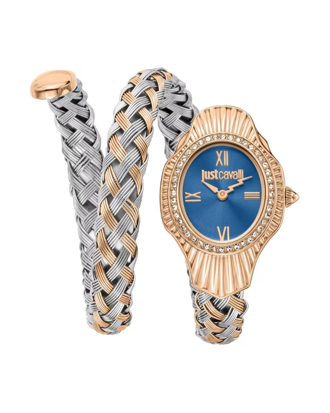 A Just Cavalli twisted analog watch for women with a blue dial and a gold and silver interwoven strap.