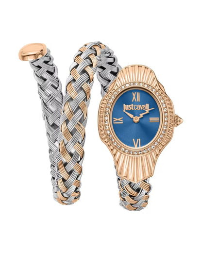 A Just Cavalli twisted analog watch for women with a blue dial and a gold and silver interwoven strap.