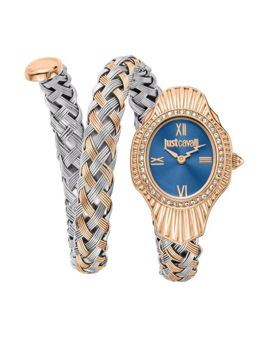 A Just Cavalli twisted analog watch for women with a blue dial and a gold and silver interwoven strap.