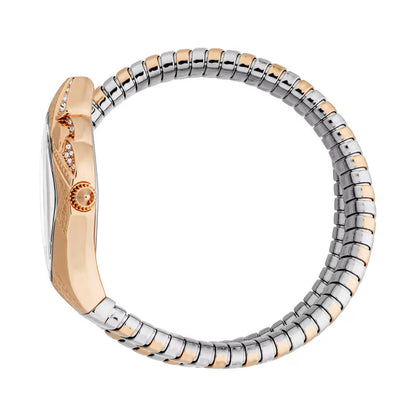 Two-tone ring with rose gold and silver bands on a white background