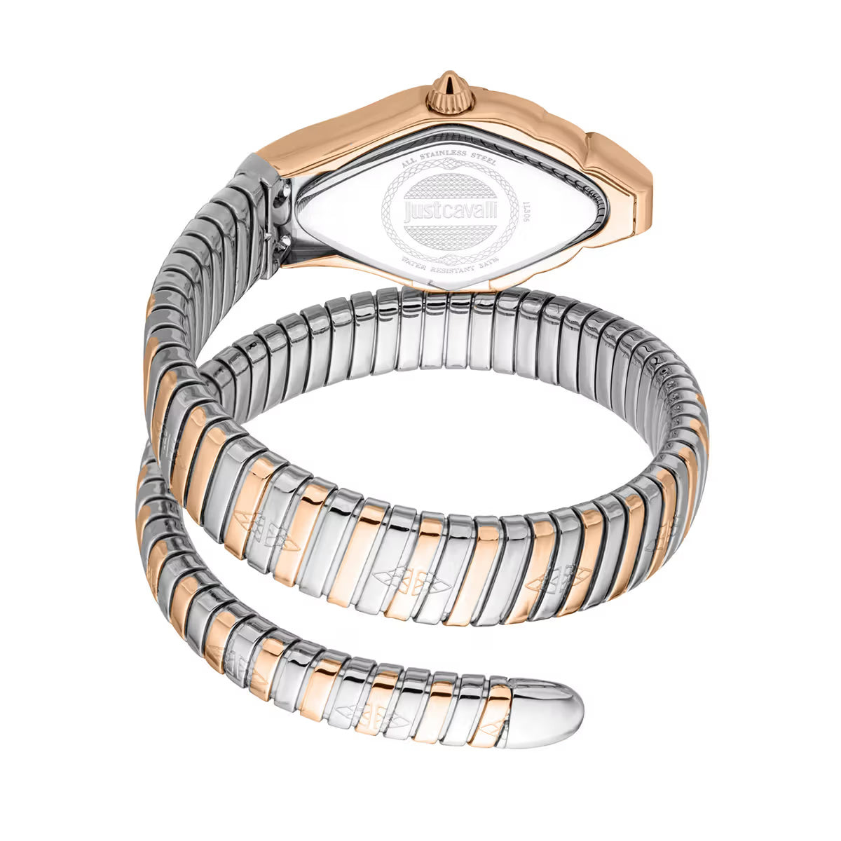 Two-tone watch with rose gold and silver band on a white background