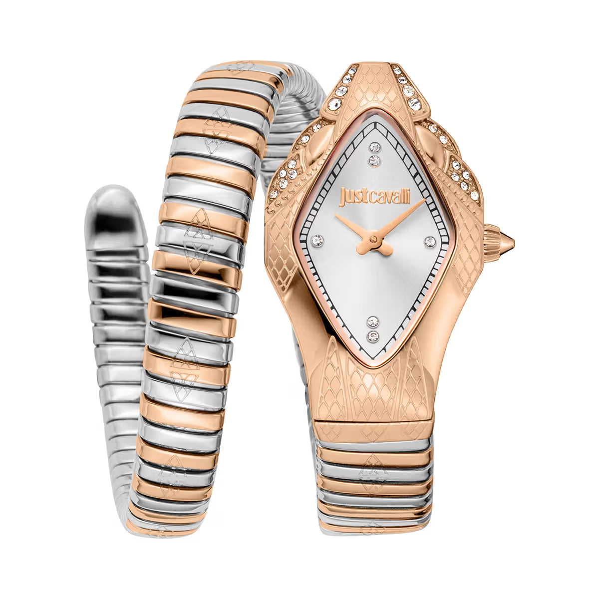 Rose gold and silver watch with a detailed band on a white background